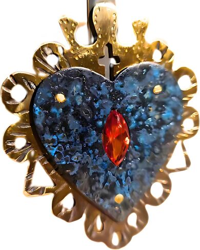 Unique Handmade Sacred Heart Pendant Jewelry Gift for Women and Men Handcrafted Bronze Oxide Patina Red Zircon Sturdy Rivets Ancient Symbolic European Religious Art Ancient Design Leather Collar in Kuwait