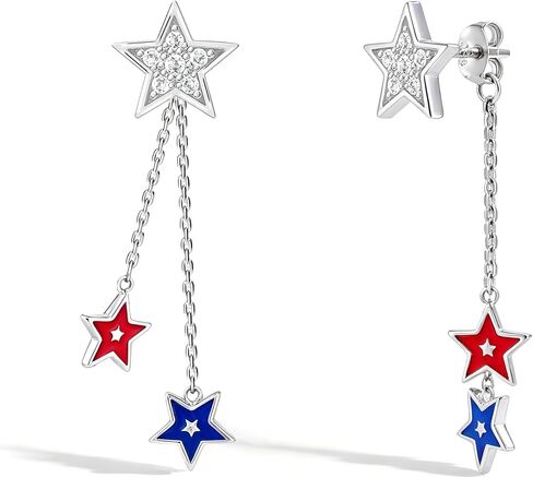 S925 Sterling Silver 4th of July Star Dangle Earrings for Women, Patriotic Red White Blue Drop Earrings with Crystal Decor, Hypoallergenic Independence Day Jewelry Gift in Saudi Arabia