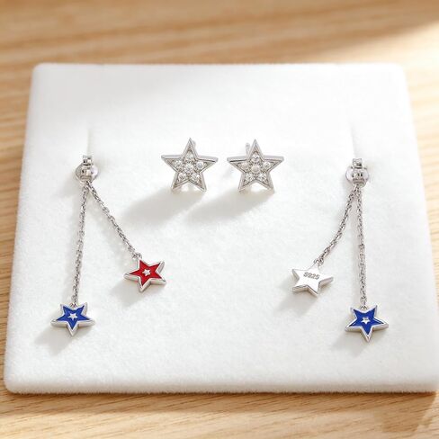 S925 Sterling Silver 4th of July Star Dangle Earrings for Women, Patriotic Red White Blue Drop Earrings with Crystal Decor, Hypoallergenic Independence Day Jewelry Gift in Saudi Arabia