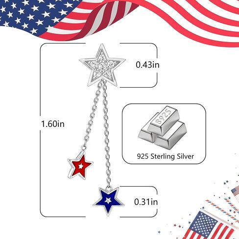 S925 Sterling Silver 4th of July Star Dangle Earrings for Women, Patriotic Red White Blue Drop Earrings with Crystal Decor, Hypoallergenic Independence Day Jewelry Gift in Saudi Arabia