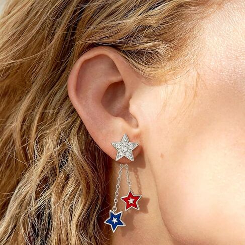 S925 Sterling Silver 4th of July Star Dangle Earrings for Women, Patriotic Red White Blue Drop Earrings with Crystal Decor, Hypoallergenic Independence Day Jewelry Gift in Saudi Arabia