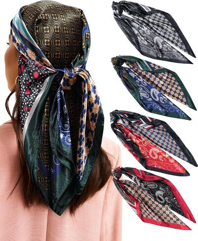 35.5" Large Square Satin Scarf for Hair - 4Pcs Printed Like Silk Head Scarf for Women, Silk Bandana Scarf for Sleeping in Saudi Arabia
