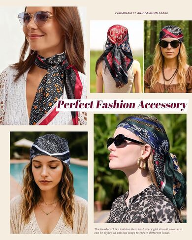 35.5" Large Square Satin Scarf for Hair - 4Pcs Printed Like Silk Head Scarf for Women, Silk Bandana Scarf for Sleeping in Saudi Arabia