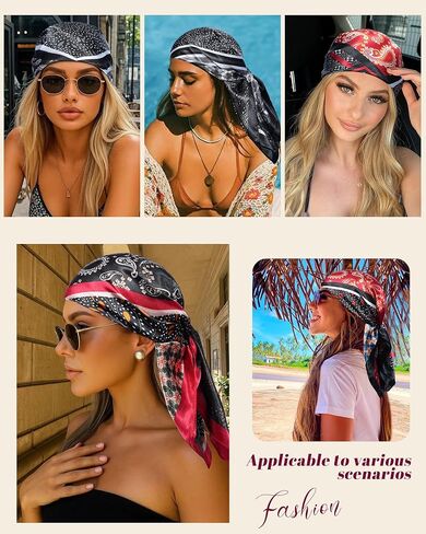 35.5" Large Square Satin Scarf for Hair - 4Pcs Printed Like Silk Head Scarf for Women, Silk Bandana Scarf for Sleeping in Saudi Arabia