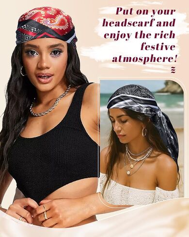 35.5" Large Square Satin Scarf for Hair - 4Pcs Printed Like Silk Head Scarf for Women, Silk Bandana Scarf for Sleeping in Saudi Arabia