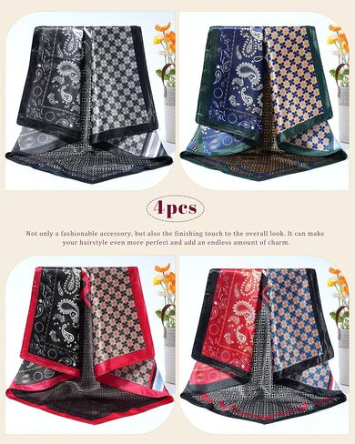 35.5" Large Square Satin Scarf for Hair - 4Pcs Printed Like Silk Head Scarf for Women, Silk Bandana Scarf for Sleeping in Saudi Arabia