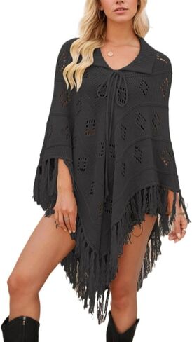 Women Fringe Poncho Cape Knit Hollow Out Shawl Wrap Soft Oversized Sweater Top Fashion Boho Western Country Outfits in Saudi Arabia