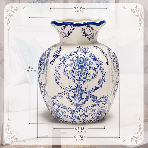 Blue and White Ceramic Flower Vase, Vintage Home Decor Vase for Centerpiece Table Shelf Bookshelf Mantel French Country Decor (6 Inch) in Saudi Arabia