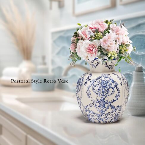 Blue and White Ceramic Flower Vase, Vintage Home Decor Vase for Centerpiece Table Shelf Bookshelf Mantel French Country Decor (6 Inch) in Saudi Arabia