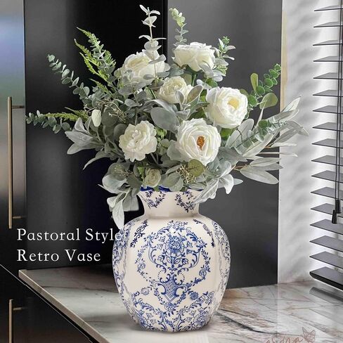 Blue and White Ceramic Flower Vase, Vintage Home Decor Vase for Centerpiece Table Shelf Bookshelf Mantel French Country Decor (6 Inch) in Saudi Arabia
