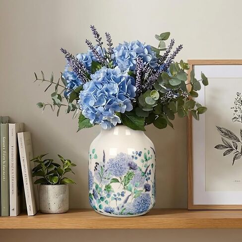Blue and Beige Vintage Ceramic Vase, 8 inch Blueberry Hydrangea Chinoiserie Floral Vase, Rustic Ceramic Large Vase for Home Table Bookshelf Kitchen Living Room Office Balcony in Saudi Arabia