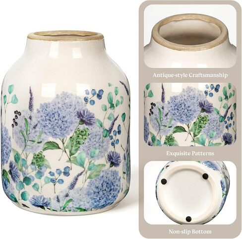 Blue and Beige Vintage Ceramic Vase, 8 inch Blueberry Hydrangea Chinoiserie Floral Vase, Rustic Ceramic Large Vase for Home Table Bookshelf Kitchen Living Room Office Balcony in Saudi Arabia