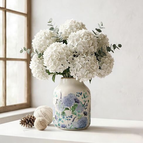 Blue and Beige Vintage Ceramic Vase, 8 inch Blueberry Hydrangea Chinoiserie Floral Vase, Rustic Ceramic Large Vase for Home Table Bookshelf Kitchen Living Room Office Balcony in Saudi Arabia