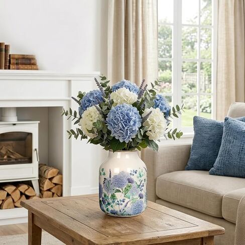 Blue and Beige Vintage Ceramic Vase, 8 inch Blueberry Hydrangea Chinoiserie Floral Vase, Rustic Ceramic Large Vase for Home Table Bookshelf Kitchen Living Room Office Balcony in Saudi Arabia