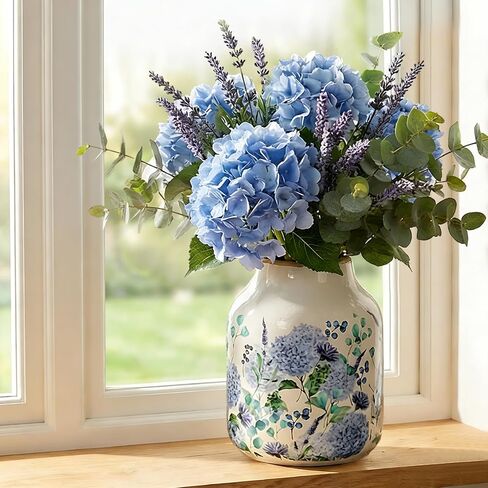 Blue and Beige Vintage Ceramic Vase, 8 inch Blueberry Hydrangea Chinoiserie Floral Vase, Rustic Ceramic Large Vase for Home Table Bookshelf Kitchen Living Room Office Balcony in Saudi Arabia