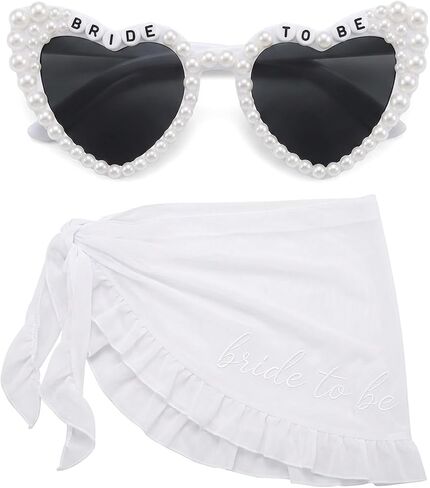 Bride Swimsuits and Bridal Beachwear,Bathing Suits and Bachelorette Outfits for Bride, Bride Bachelorette Outfits with Embroidered Design and Sunglasses, 2-Piece Set in White Polyester in Saudi Arabia