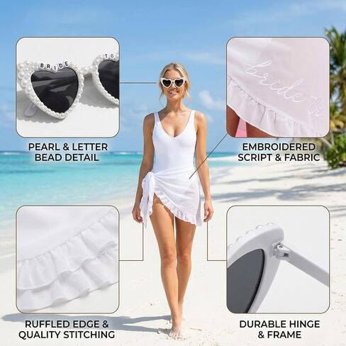 Bride Swimsuits and Bridal Beachwear,Bathing Suits and Bachelorette Outfits for Bride, Bride Bachelorette Outfits with Embroidered Design and Sunglasses, 2-Piece Set in White Polyester in Saudi Arabia