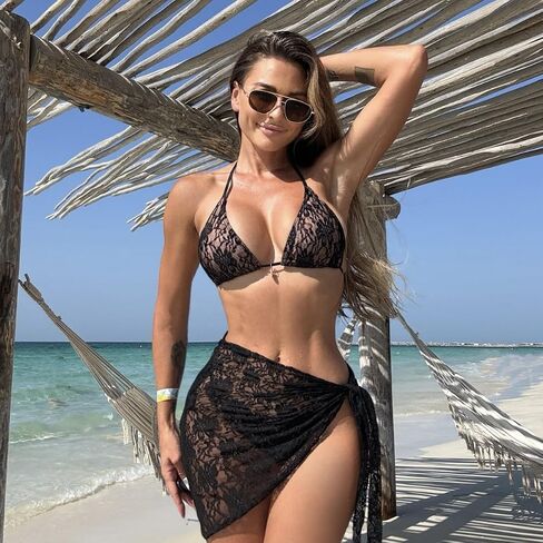 Women's Lace 3-Piece Bikini Set, Triangle Top with Tie-Side Bottom and Sarong Cover-Up for Beach Pool Wear in Kuwait