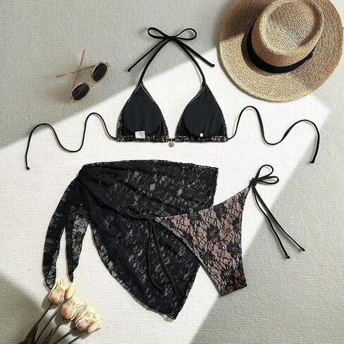 Women's Lace 3-Piece Bikini Set, Triangle Top with Tie-Side Bottom and Sarong Cover-Up for Beach Pool Wear in Kuwait