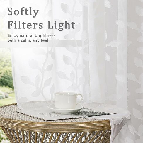 White Sheer Curtains 84 Inches Long - Light Filtering Leaf Jacquard Textured Semi Sheer Curtains, Rod Pocket Drapes for Living Room Bedroom 2 Panels Set, 2x37Wx84L Inches in Saudi Arabia