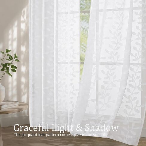 White Sheer Curtains 84 Inches Long - Light Filtering Leaf Jacquard Textured Semi Sheer Curtains, Rod Pocket Drapes for Living Room Bedroom 2 Panels Set, 2x37Wx84L Inches in Saudi Arabia