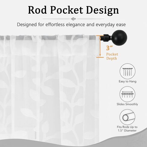 White Sheer Curtains 84 Inches Long - Light Filtering Leaf Jacquard Textured Semi Sheer Curtains, Rod Pocket Drapes for Living Room Bedroom 2 Panels Set, 2x37Wx84L Inches in Saudi Arabia