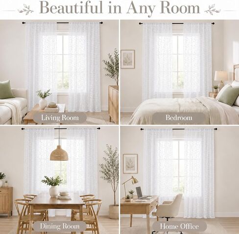 White Sheer Curtains 84 Inches Long - Light Filtering Leaf Jacquard Textured Semi Sheer Curtains, Rod Pocket Drapes for Living Room Bedroom 2 Panels Set, 2x37Wx84L Inches in Saudi Arabia