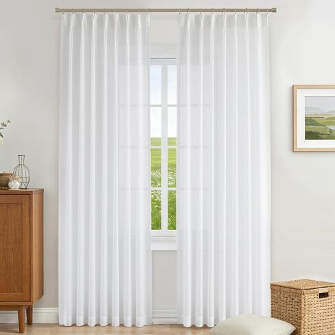 Vision Home Natural Pinch Pleated Sheer Curtains 90 Inches Soft Linen Textured Modern Rustic Light Filtering Drapes,Window Treatment Panels with Hooks & Back Tab for Living Room Bedroom, 40" Wx90 Lx2 in Kuwait