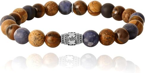 Lucky Brand Jasper and Tiger Eye Bracelet, Stretch Beaded Bracelet for Men with Logo Bead and Jasper and Tiger's Eye Beads in Kuwait