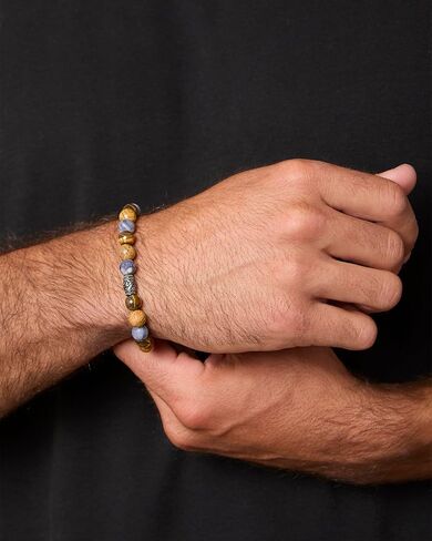 Lucky Brand Jasper and Tiger Eye Bracelet, Stretch Beaded Bracelet for Men with Logo Bead and Jasper and Tiger's Eye Beads in Kuwait