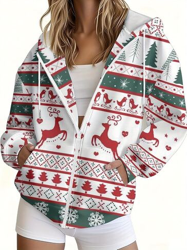 Women's Christmas Sweatshirts Floral Print Hoodie Full Zip Long Sleeve Winter Jacket Comfortable Elegant Red Green White Coat in Kuwait