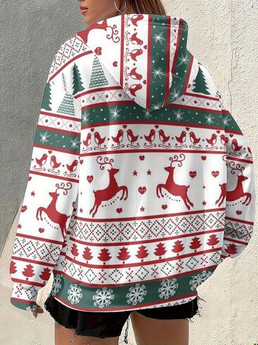 Women's Christmas Sweatshirts Floral Print Hoodie Full Zip Long Sleeve Winter Jacket Comfortable Elegant Red Green White Coat in Kuwait
