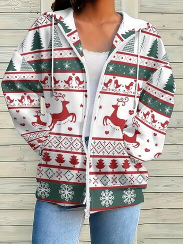 Women's Christmas Sweatshirts Floral Print Hoodie Full Zip Long Sleeve Winter Jacket Comfortable Elegant Red Green White Coat in Kuwait