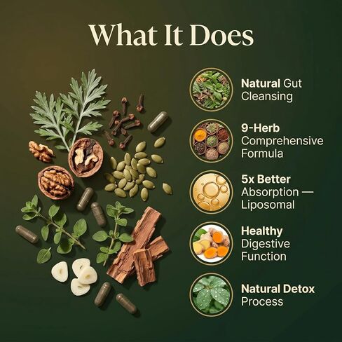 Parasite Cleanse for Humans - Liposomal Herbal Gut Detox Support, Combination with Black Walnut, Wormwood, Clove, Pumpkin Seed, Garlic, Oregano, Pau D’Arco & Papaya - Intestinal Support - 120 Capsules in Saudi Arabia
