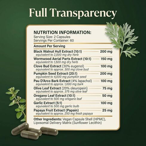 Parasite Cleanse for Humans - Liposomal Herbal Gut Detox Support, Combination with Black Walnut, Wormwood, Clove, Pumpkin Seed, Garlic, Oregano, Pau D’Arco & Papaya - Intestinal Support - 120 Capsules in Saudi Arabia