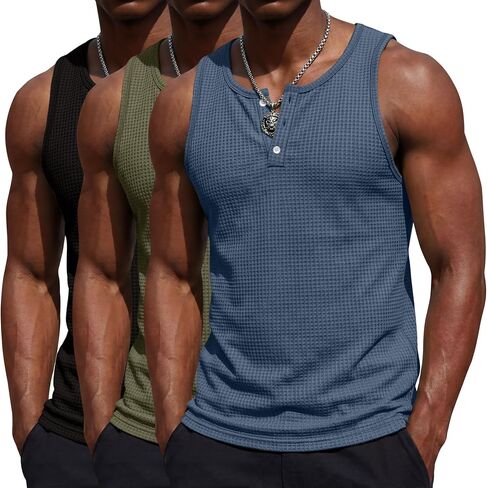 August Alley 3 Pack Men's Sleeveless Tank Tops Henley Shirts Waffle Knit Muscle Shirts Button Casual Summer Tees in Saudi Arabia
