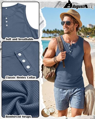 August Alley 3 Pack Men's Sleeveless Tank Tops Henley Shirts Waffle Knit Muscle Shirts Button Casual Summer Tees in Saudi Arabia