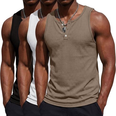 August Alley 3 Pack Men's Sleeveless Tank Tops Henley Shirts Waffle Knit Muscle Shirts Button Casual Summer Tees in Saudi Arabia