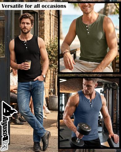 August Alley 3 Pack Men's Sleeveless Tank Tops Henley Shirts Waffle Knit Muscle Shirts Button Casual Summer Tees in Saudi Arabia