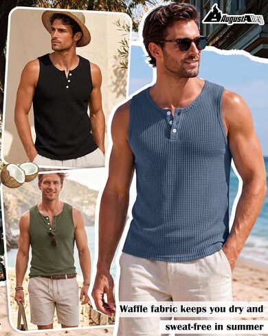 August Alley 3 Pack Men's Sleeveless Tank Tops Henley Shirts Waffle Knit Muscle Shirts Button Casual Summer Tees in Saudi Arabia