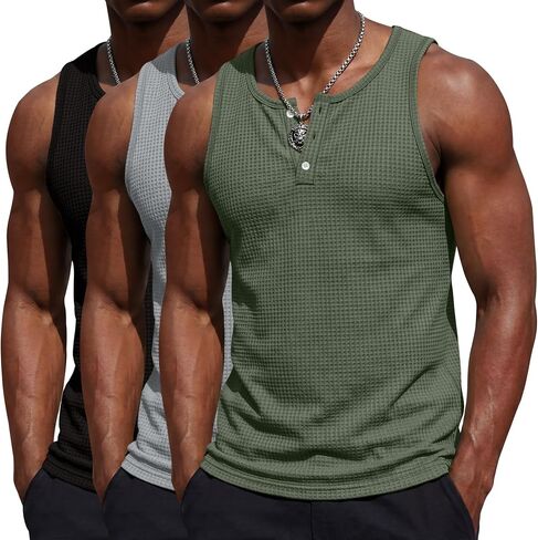 August Alley 3 Pack Men's Sleeveless Tank Tops Henley Shirts Waffle Knit Muscle Shirts Button Casual Summer Tees in Saudi Arabia