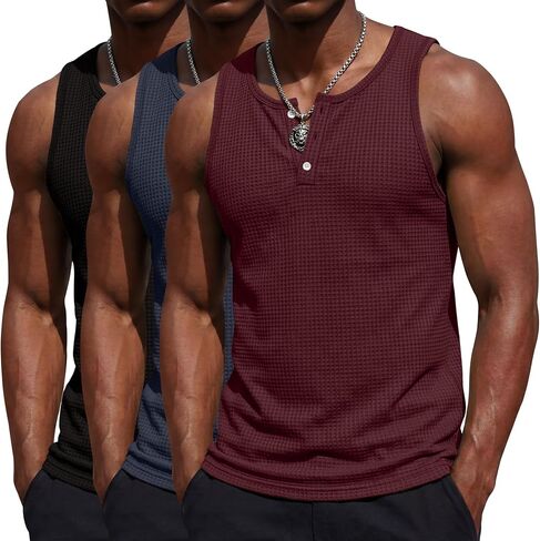 August Alley 3 Pack Men's Sleeveless Tank Tops Henley Shirts Waffle Knit Muscle Shirts Button Casual Summer Tees in Saudi Arabia