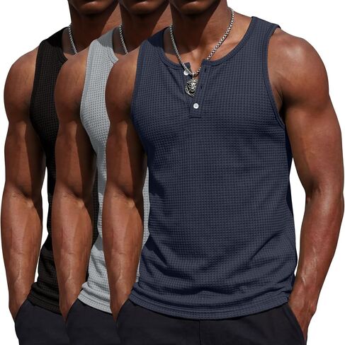 August Alley 3 Pack Men's Sleeveless Tank Tops Henley Shirts Waffle Knit Muscle Shirts Button Casual Summer Tees in Saudi Arabia