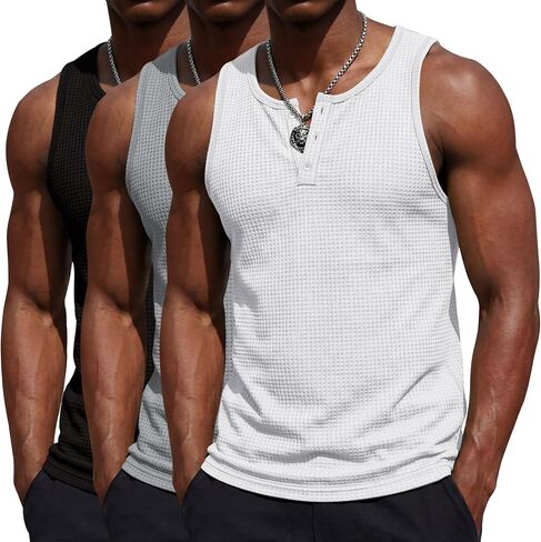 August Alley 3 Pack Men's Sleeveless Tank Tops Henley Shirts Waffle Knit Muscle Shirts Button Casual Summer Tees in Saudi Arabia