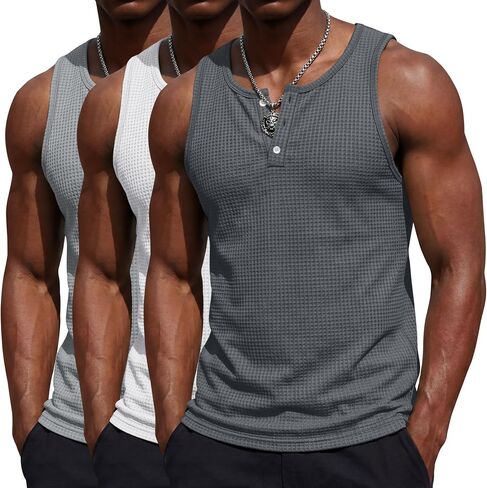 August Alley 3 Pack Men's Sleeveless Tank Tops Henley Shirts Waffle Knit Muscle Shirts Button Casual Summer Tees in Saudi Arabia