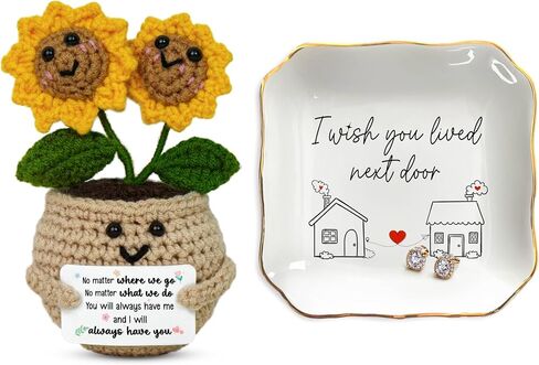 OASSIE Best Friend Birthday Gifts for Women - Friends Bundle, Emotional Support Crochet Sunflower & 4"x4" Ceramic Jewelry Dish Tray - Long Distance Friendship Gifts for Friends Women Bestie BFF Sister in Saudi Arabia