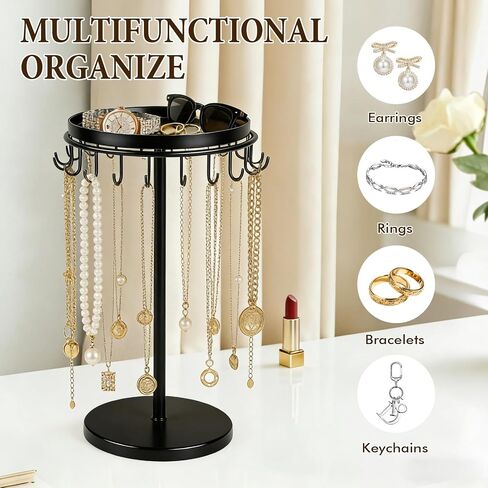 Necklace Holder Metal Jewelry Organizer Stand, Necklace Organizer Hanger with Tray & Hooks for Desk, Jewelry Holder for Necklaces Bracelets and Keychains, Elegant Home Hanging Decor - Black in Saudi Arabia