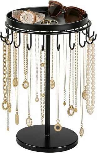 Necklace Holder Metal Jewelry Organizer Stand, Necklace Organizer Hanger with Tray & Hooks for Desk, Jewelry Holder for Necklaces Bracelets and Keychains, Elegant Home Hanging Decor - Black in Saudi Arabia