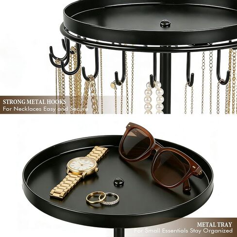 Necklace Holder Metal Jewelry Organizer Stand, Necklace Organizer Hanger with Tray & Hooks for Desk, Jewelry Holder for Necklaces Bracelets and Keychains, Elegant Home Hanging Decor - Black in Saudi Arabia