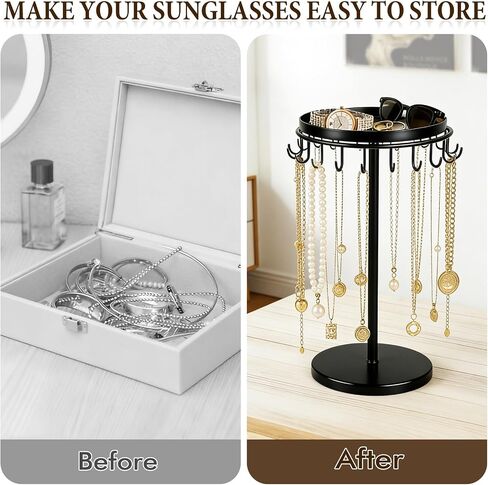Necklace Holder Metal Jewelry Organizer Stand, Necklace Organizer Hanger with Tray & Hooks for Desk, Jewelry Holder for Necklaces Bracelets and Keychains, Elegant Home Hanging Decor - Black in Saudi Arabia